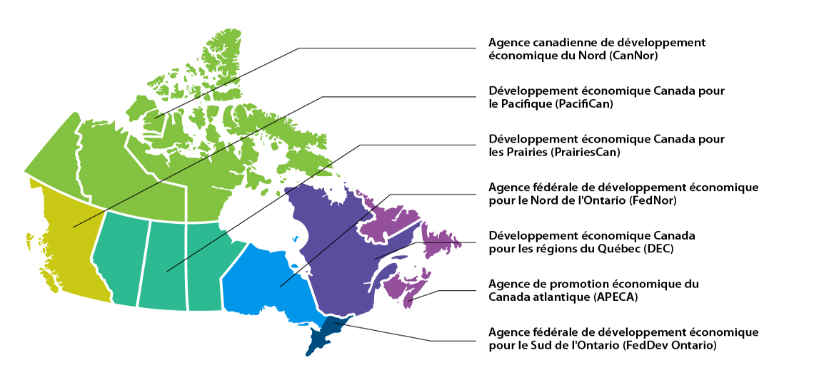 Carte montrant l’emplacement des agences régionales de développement du Canada.